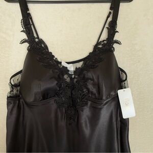 Natori Black Satin Chemise with Lace Detail